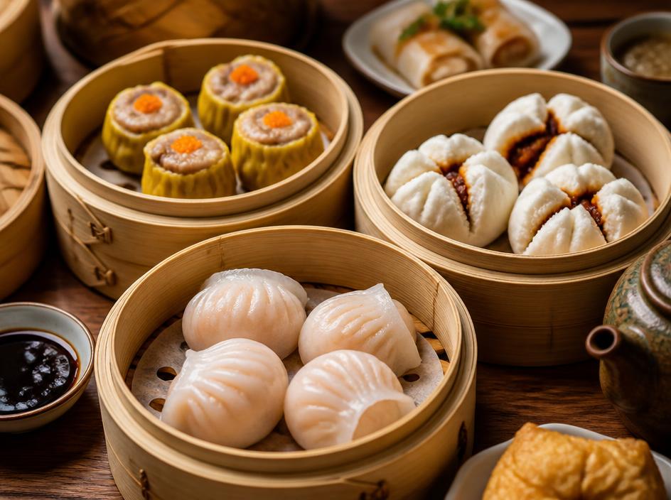 Bamboo steamers filled with assorted dim sum