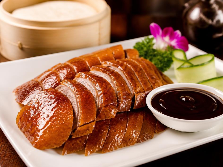 Sliced crispy roasted duck with plum sauce