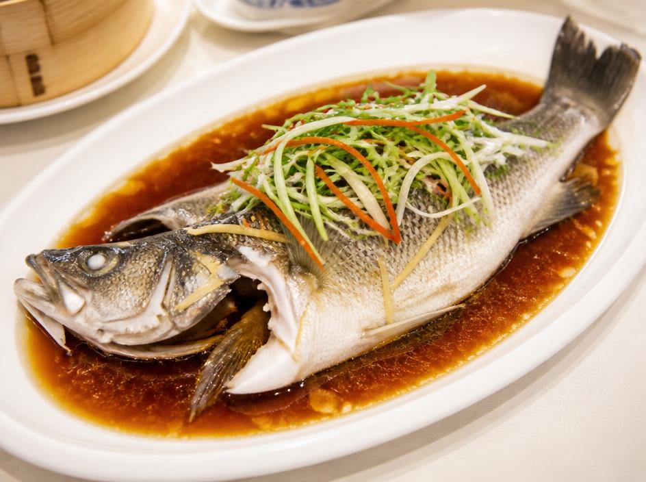 Steamed sea bass with ginger and spring onions